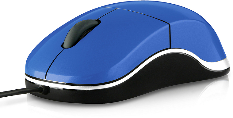 Blaue kabelgebundene Computermaus mit ergonomischer Form und schwarzem Scrollrad