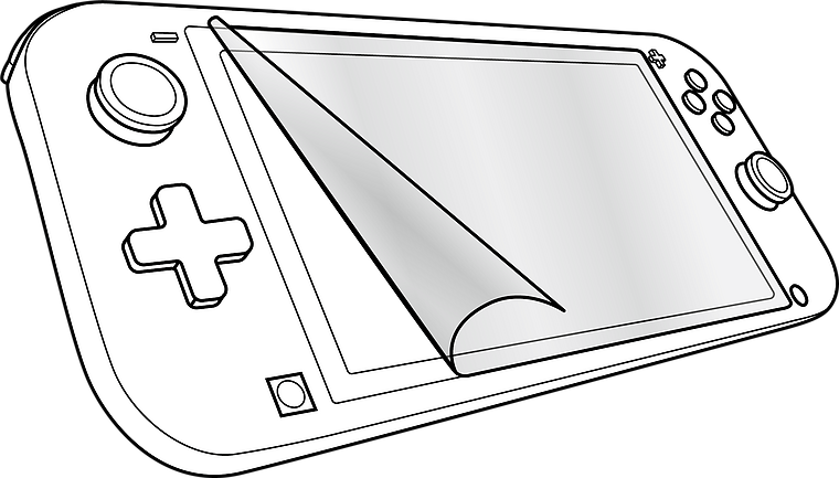 Abgebildet ist eine tragbare Spielkonsole mit einer halb aufgetragenen Displayschutzfolie auf dem Bildschirm.
