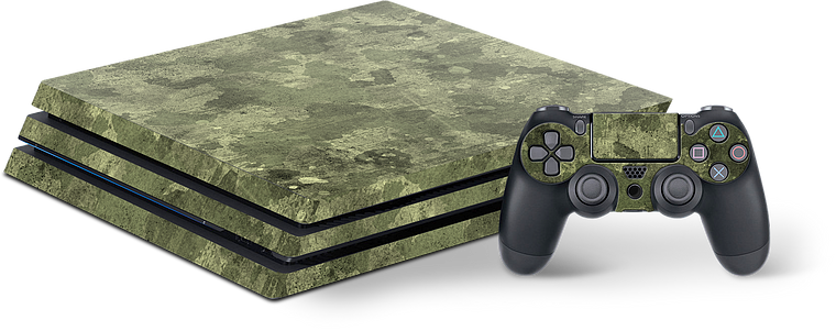 Spielekonsole im Tarnmuster-Look mit passendem Controller, ideal für Gamer und Spielesammler