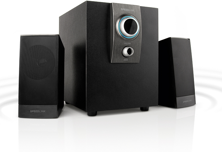 SPEEDLINK 2.1 Lautsprechersystem bestehend aus einem Subwoofer und zwei kompakten Satellitenlautsprechern in Schwarz