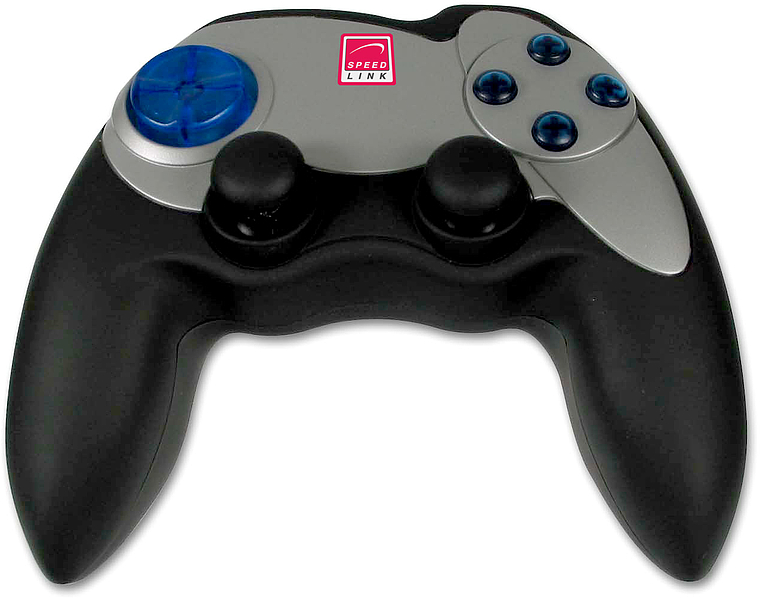 Speedlink Gamepad in Schwarz-Silber mit zwei Joysticks, Steuerkreuz und blauen Tasten, ideal für PC-Gaming