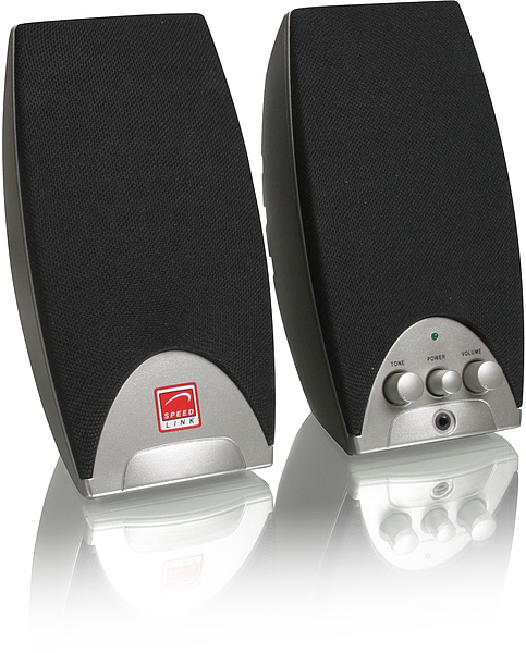 Zwei schwarze Speedlink Lautsprecher mit silbernen Bedienelementen für PC, seitlich auf weißem Hintergrund stehend