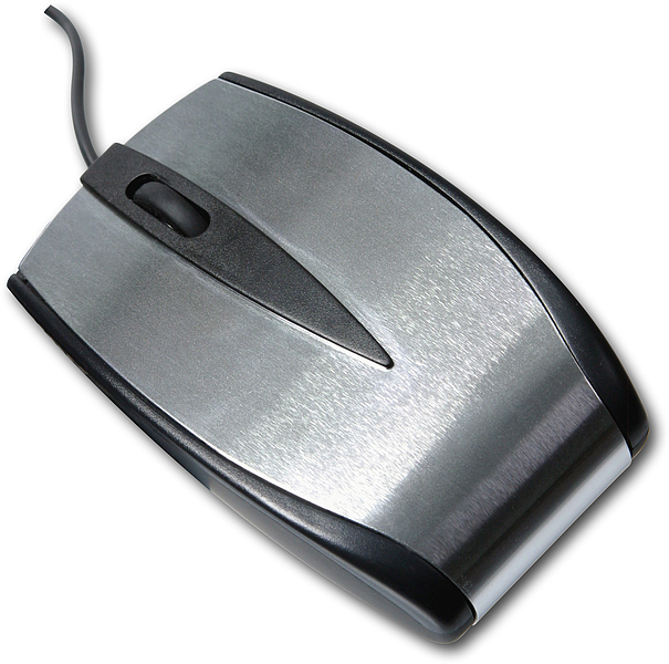 Silberne kabelgebundene Computermaus mit schwarzem Scrollrad und ergonomischer Form auf weißem Hintergrund