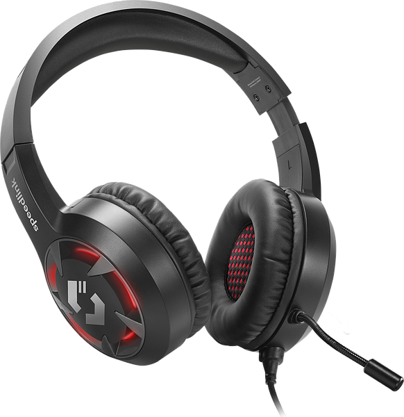 Schwarzer Gaming-Kopfhörer mit roter LED-Beleuchtung und gepolsterten Ohrmuscheln