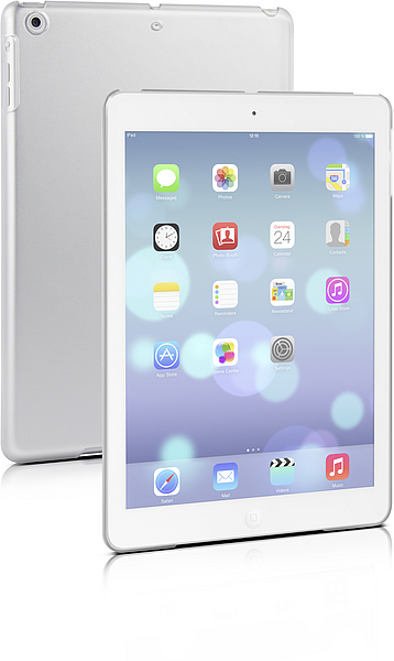 Apple iPad in Silber, Vorderseite mit Apps auf dem Display, Rückseite sichtbar