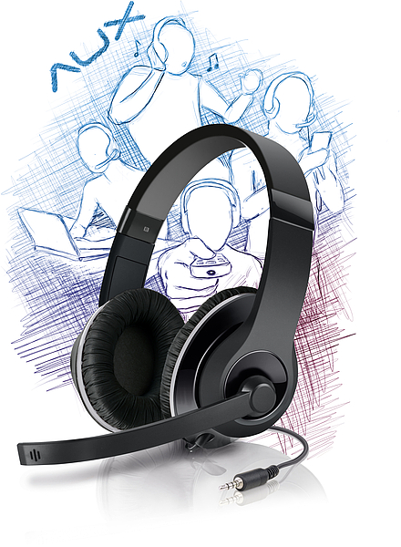Modernes schwarzes Headset mit Mikrofon und 3,5-mm-AUX-Klinkenstecker, im Vordergrund vor einer Zeichnung von Personen mit Kopfhörern, Laptop und Smartphone.