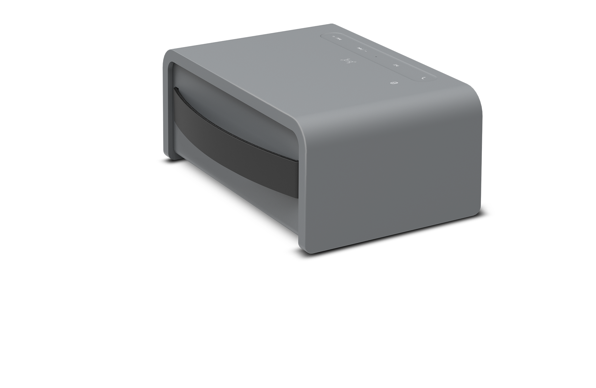 Grauer, rechteckiger Bluetooth-Lautsprecher mit abgerundeten Kanten und seitlichen Tasten