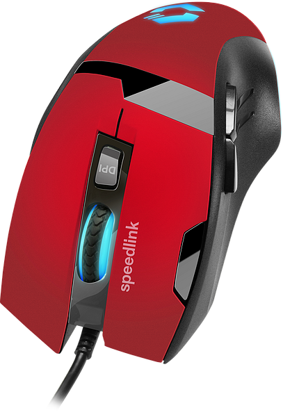 Abbildung einer ergonomischen, roten Gaming-Maus mit LED-Beleuchtung, seitlichen Tasten und deutlich sichtbarer DPI-Taste von speedlink