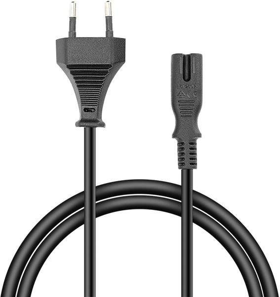 Schwarzes Netzkabel mit Eurostecker und Anschlussbuchse, geeignet für verschiedene Elektrogeräte