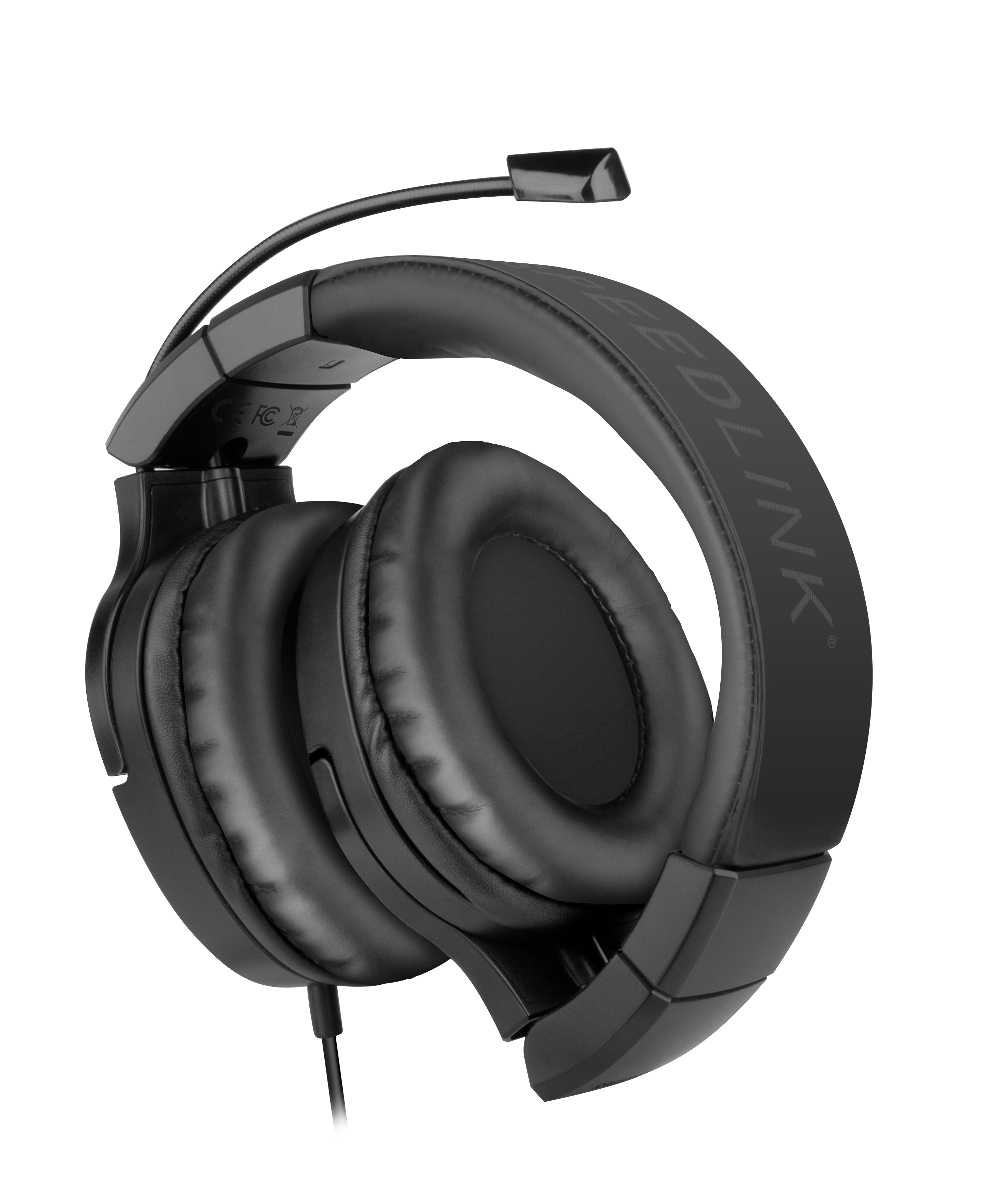 Schwarzes Gaming-Headset mit gepolsterten Ohrmuscheln und flexiblem Mikrofon, geeignet für Computer und Spielekonsolen