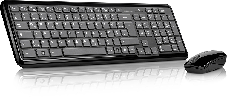 Schwarze kabellose Tastatur mit deutschem QWERTZ-Layout und passender kabelloser Maus