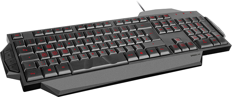 Schwarze Speedlink Gaming-Tastatur mit roter Tastenbeleuchtung und ergonomischer Handballenauflage