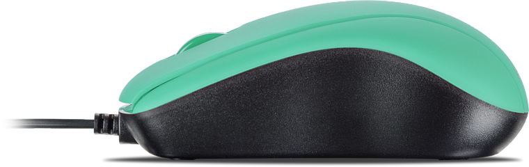Seitenansicht einer grünen kabelgebundenen Computermaus auf weißem Hintergrund