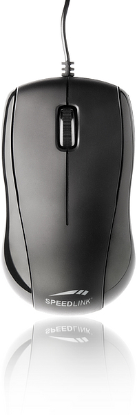 Schwarze Speedlink Computermaus mit Kabel, ergonomischer Form und Scrollrad, frontal abgebildet