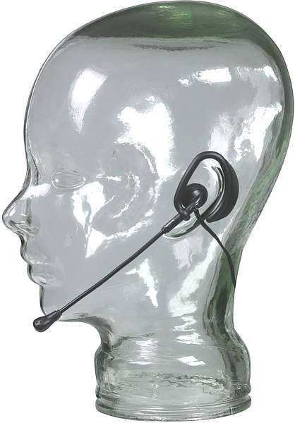 Seitenansicht eines Glaskopfes, der ein schwarzes Headset mit Mikrofon trägt