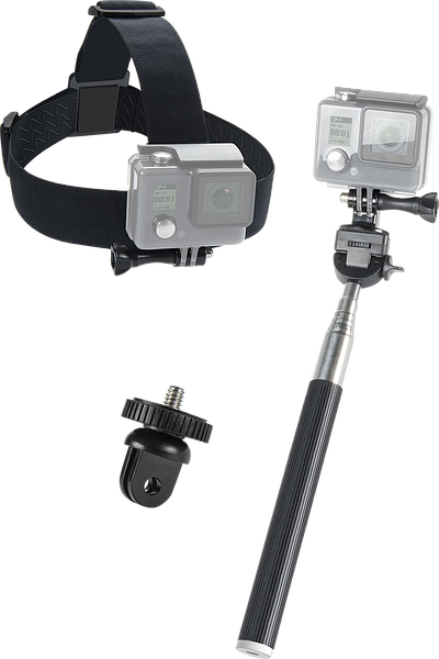 GoPro Zubehör-Set bestehend aus Kopfbandhalterung, ausziehbarem Selfie-Stick und Adapter für Actionkameras