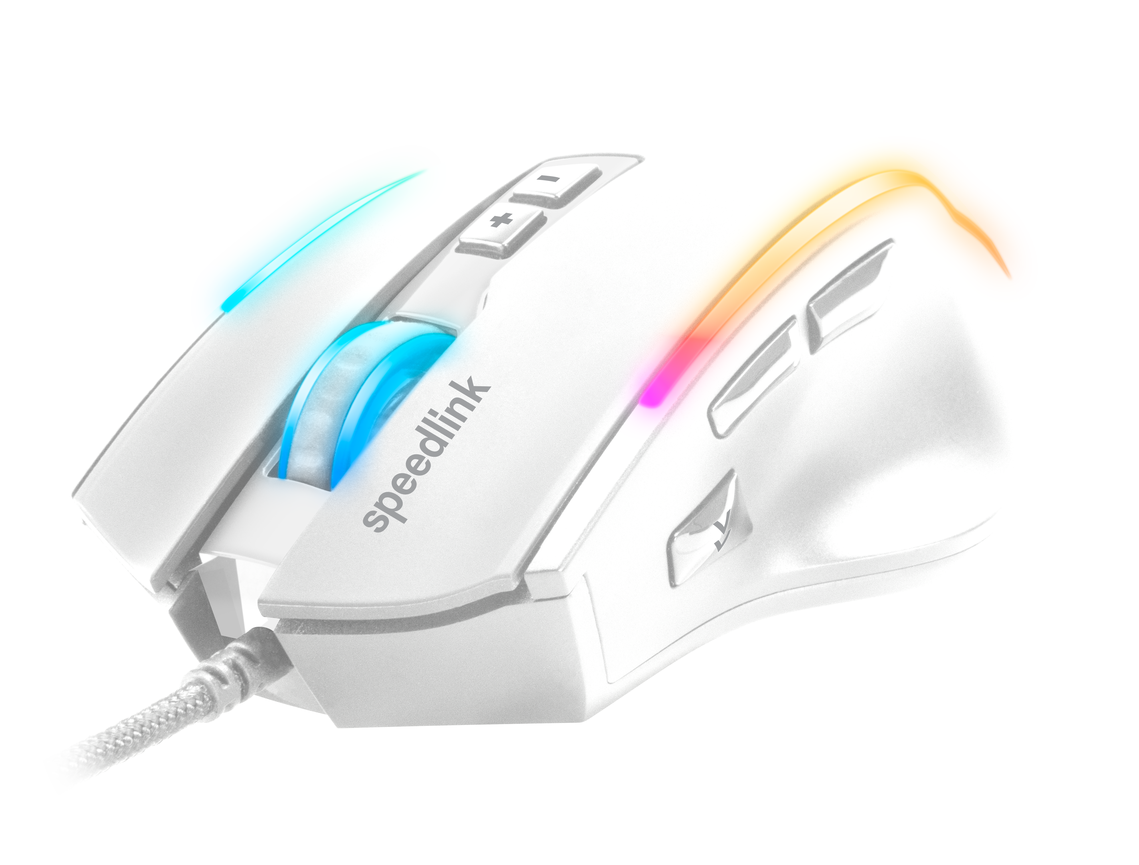 Weiße Speedlink Gaming-Maus mit bunter RGB-Beleuchtung und mehreren seitlichen Funktionstasten