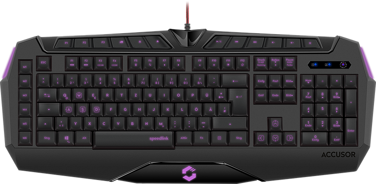 Abgebildet ist die Speedlink Accusor Gaming-Tastatur mit violetter LED-Beleuchtung und deutschem QWERTZ-Tastenlayout.