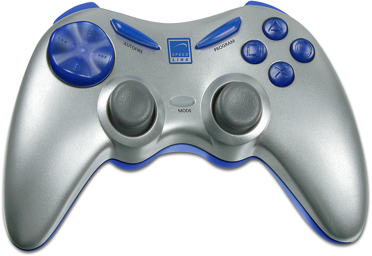 Silber-blauer Speedlink Gamecontroller mit zwei Joysticks, Steuerkreuz und Tasten