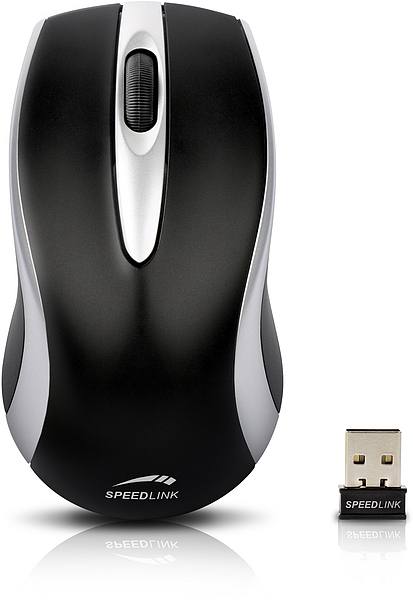 Kabellose optische Maus von SPEEDLINK in Schwarz-Silber mit passendem USB Nano-Empfänger, ergonomische Form für komfortable Nutzung