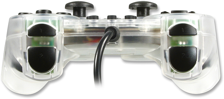 Rückansicht eines transparenten kabelgebundenen Gamecontrollers mit schwarzen Schultertasten