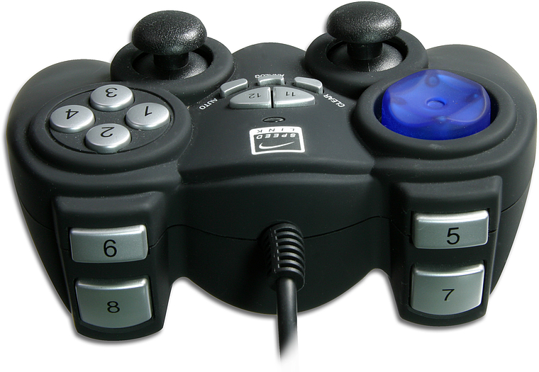 Schwarzer Gamepad-Controller mit acht Tasten, zwei Joysticks und Kabel, geeignet für Computerspiele