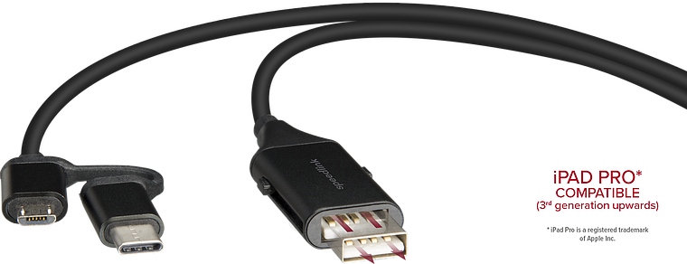 Schwarzes USB-Kabel mit zwei verschiedenen Steckern, kompatibel mit iPad Pro ab 3. Generation