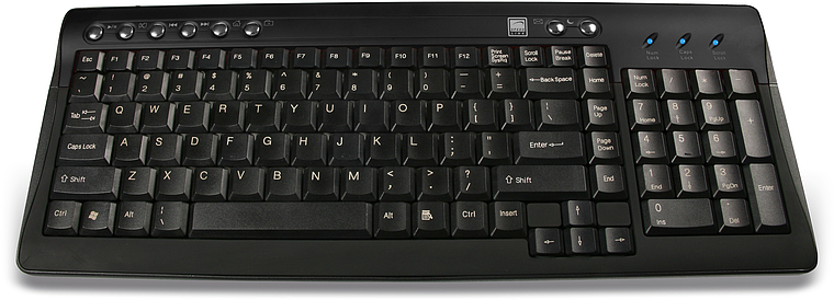 Schwarze PC-Tastatur mit Nummernblock, Funktionstasten und klassischen Layout für den Schreibtisch