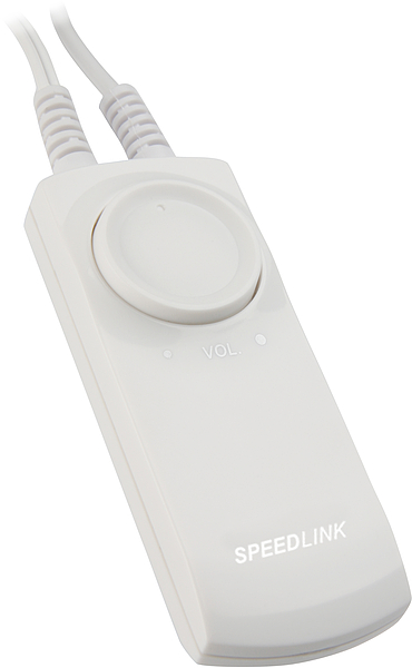 Weißer SPEEDLINK Inline-Lautstärkeregler mit Drehrad und zwei Anschlusskabeln, geeignet zur Steuerung der Lautstärke elektronischer Geräte