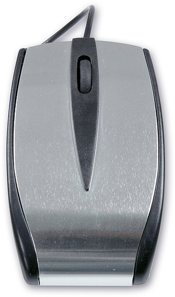 Silber-schwarze kabelgebundene Computermaus mit mittigem Scrollrad, von oben fotografiert