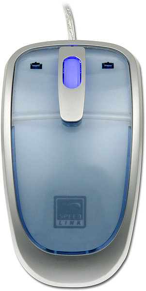 Obenansicht einer Speed-Link Computermaus mit blau beleuchtetem Scrollrad und transparent-blauem Gehäuse