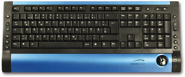 Abbildung einer SPEEDLINK Multimedia-Tastatur mit ergonomischer blauer Handballenauflage und zusätzlichen Funktionstasten
