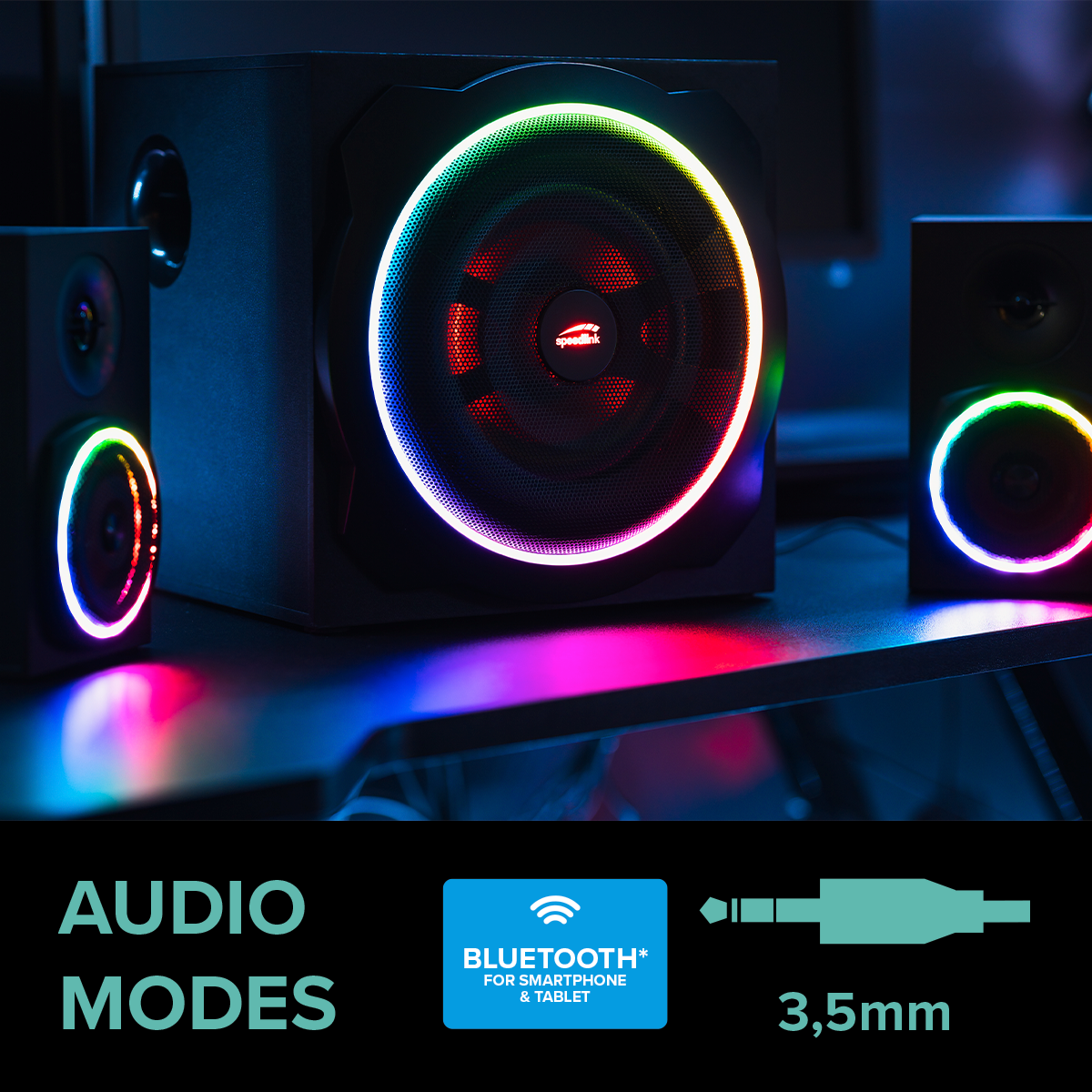 Modernes Lautsprechersystem mit RGB-Beleuchtung, zentralem Subwoofer und zwei Satellitenboxen, unterstützt Bluetooth und 3,5-mm-Klinkenanschluss