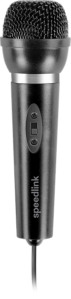 Schwarzes Speedlink Mikrofon mit integriertem An-/Ausschalter und Kabel, ideal für Sprachaufnahmen und Gesang