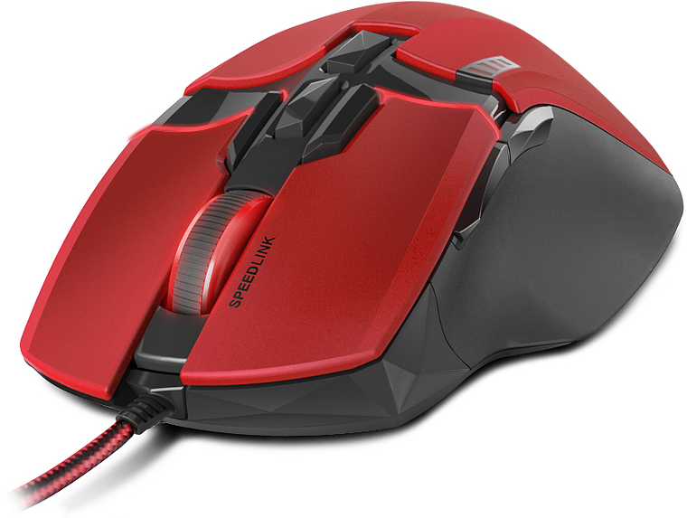 Rote Speedlink Gaming Maus mit schwarzen Akzenten, ergonomischer Form und beleuchtetem Mausrad