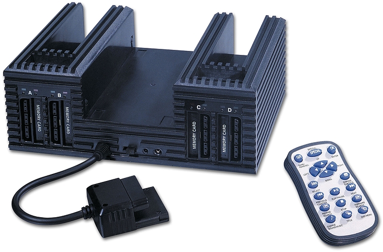 Abgebildet ist ein Memory Card Manager mit mehreren Steckplätzen für PlayStation 2-Speicherkarten und einer Fernbedienung.