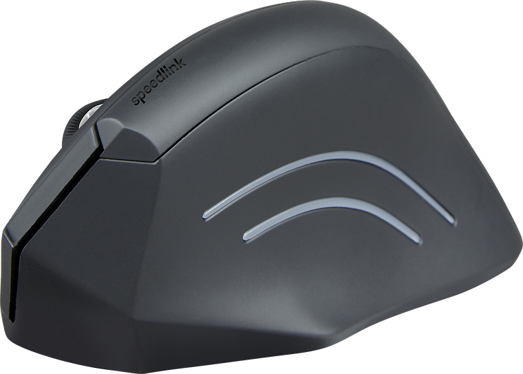 Schwarze ergonomische vertikale Computermaus von Speedlink mit seitlichen Zierstreifen, seitliche Ansicht