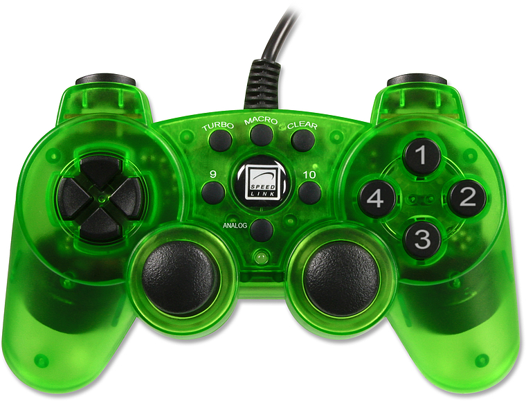 Transparenter grüner Gamecontroller von Speedlink mit Kabel, mehreren Tasten und Analogsticks, geeignet für Gaming am PC oder an Konsolen
