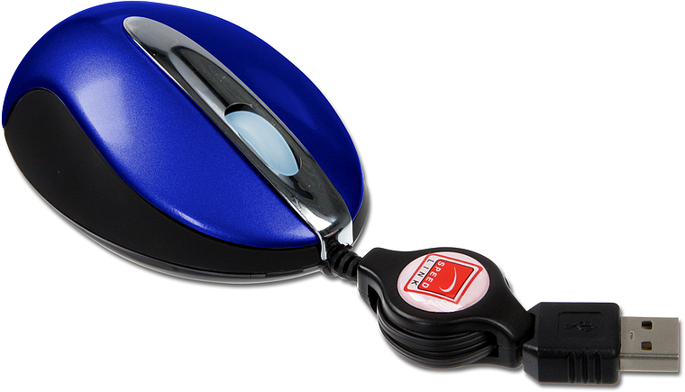 Blaue Computermaus mit USB-Anschluss und ausziehbarem Kabel, geeignet für den mobilen Einsatz am Laptop