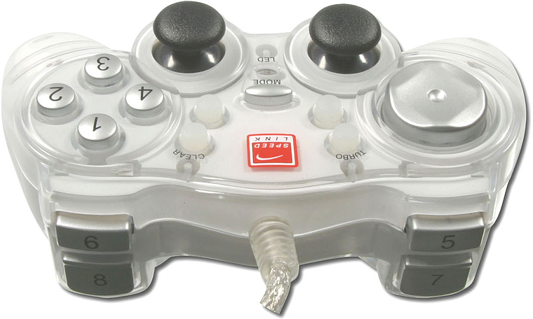 Kabelgebundener transparenter Speed-Link Gamecontroller mit zwei Analogsticks, mehreren Tasten und ergonomischem Design