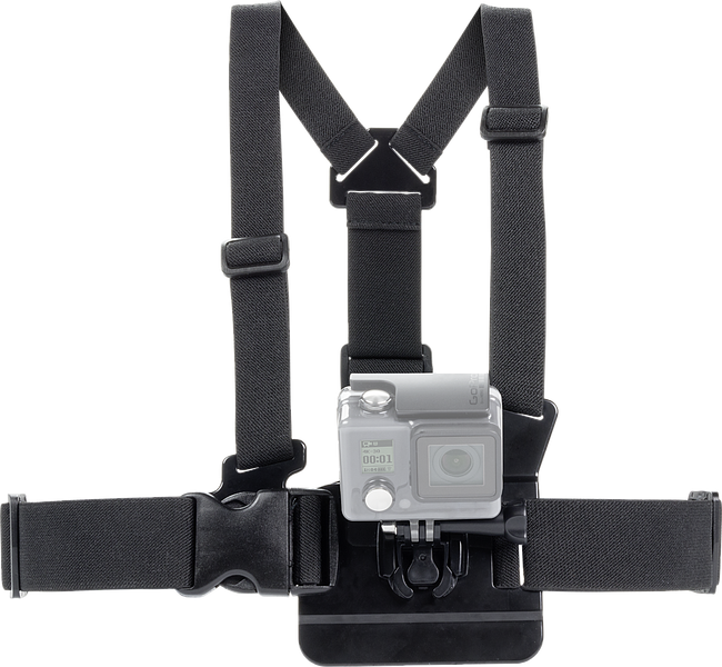 Schwarze Brustgurt-Halterung mit montierter Action-Kamera für freihändige Videoaufnahmen