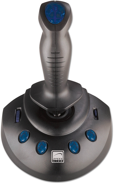 Schwarzer Speedlink Joystick mit blauen Tasten, geeignet für Computerspiele und Flugsimulation