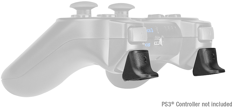 Zwei schwarze Trigger-Aufsätze für Playstation 3 Controller, abgebildet an einem durchsichtig dargestellten PS3-Controller. Der Controller selbst ist nicht im Lieferumfang enthalten.