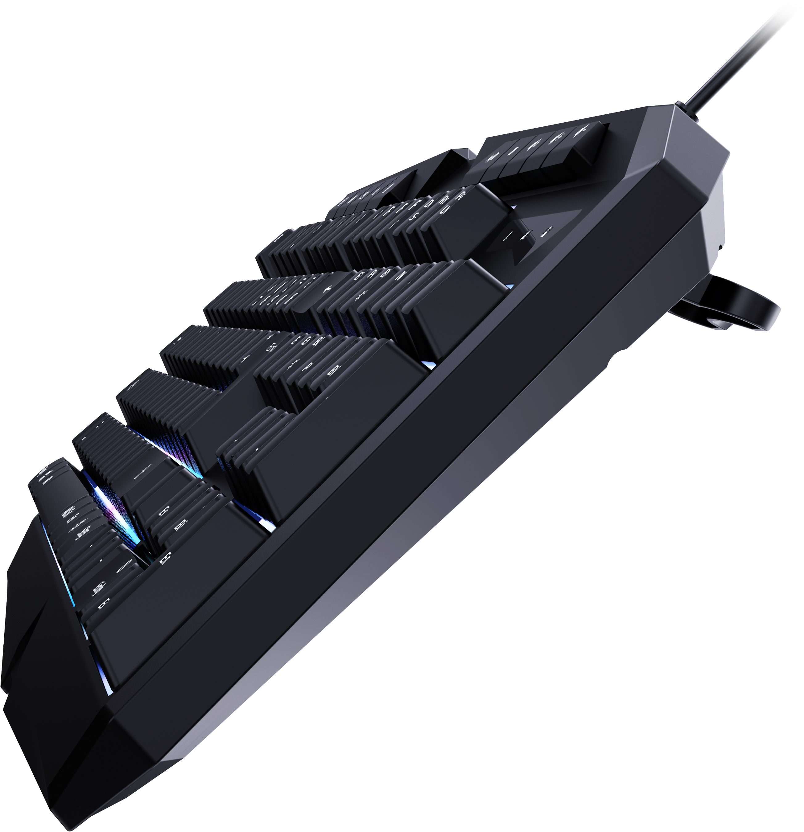 Seitliche Ansicht einer modernen, mechanischen Gaming-Tastatur mit RGB-Beleuchtung und abgewinkeltem Profil