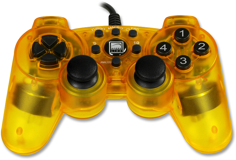Gelber, transparenter Gamecontroller von Speedlink mit USB-Anschluss und klassischen Tastenbelegungen