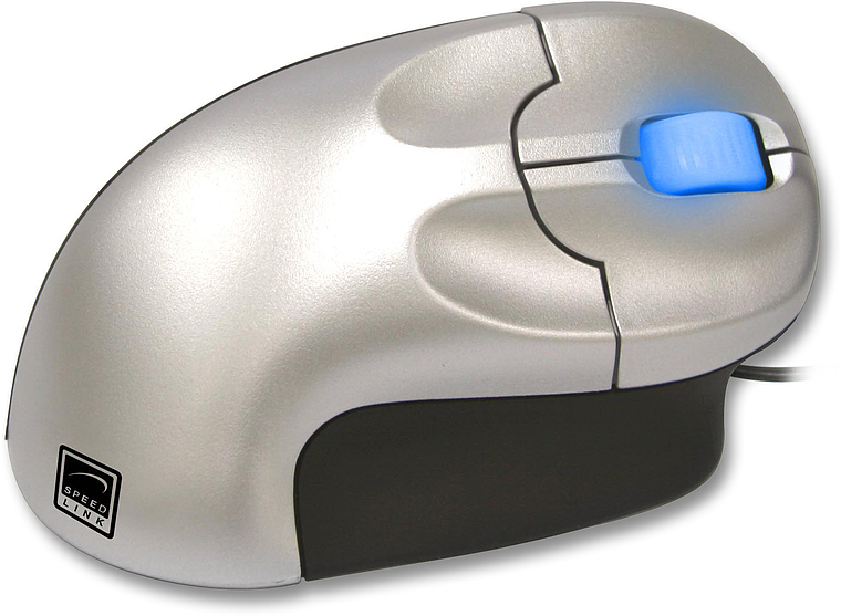 Seitliche Ansicht einer ergonomischen Speedlink Computermaus in Silber-Schwarz mit blau beleuchtetem Scrollrad