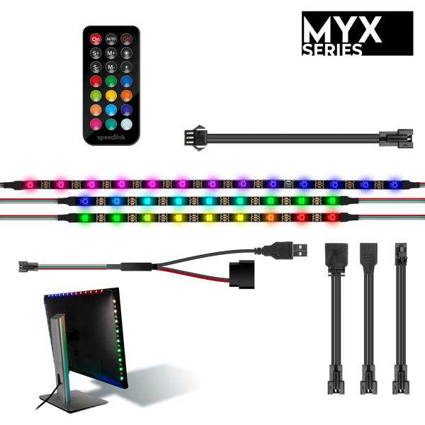 Speedlink MYX Series LED-Lichtleiste mit Fernbedienung, vielseitiges Zubehör zur farbigen Monitorbeleuchtung