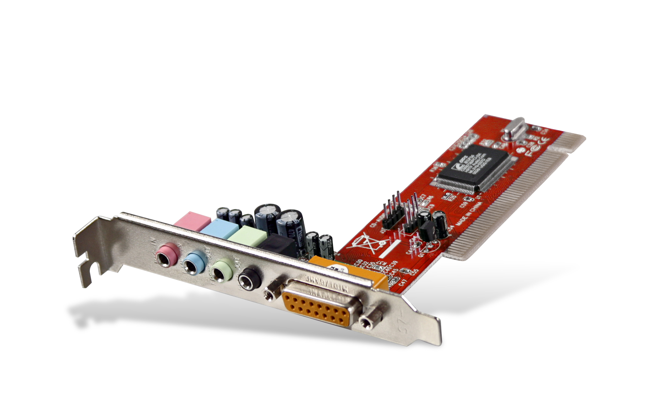 Rote PCI Soundkarte mit mehreren Audioeingängen, Audioausgängen und einem MIDI/Joystick-Anschluss für Computer