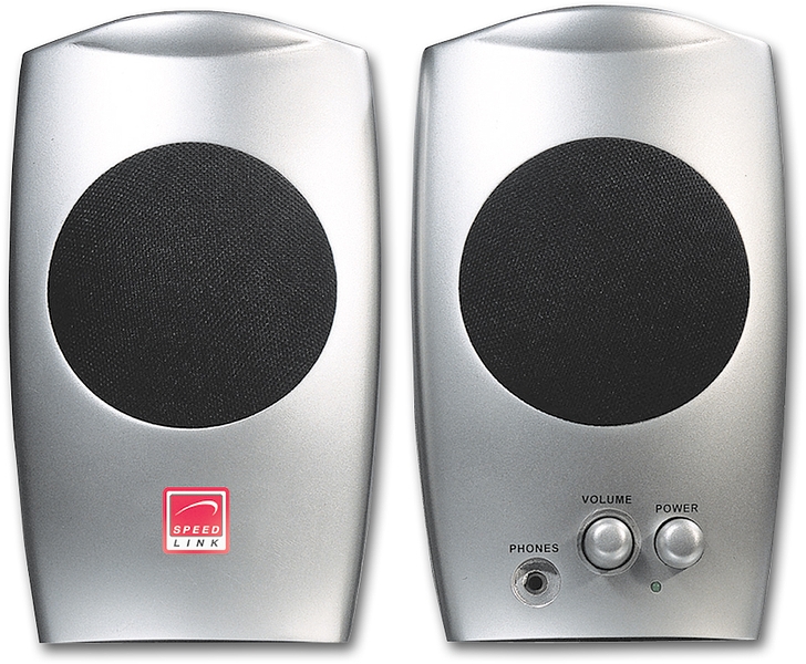 Zwei silberne Speedlink PC-Lautsprecher mit schwarzem Lautsprechergitter, Lautstärkeregler und Kopfhöreranschluss