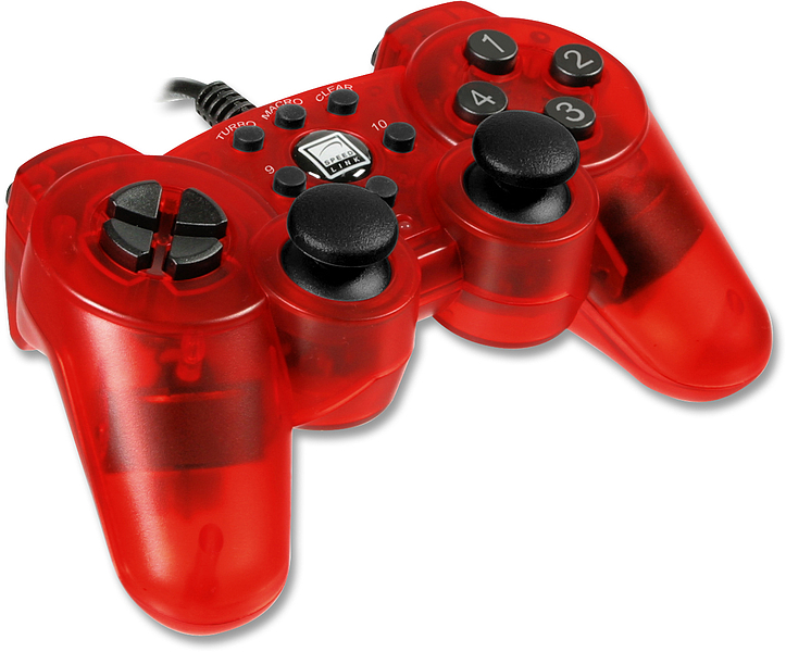 Transparenter, kabelgebundener Gamecontroller in Rot mit zwei Analogsticks und Tastenbelegung für Gaming